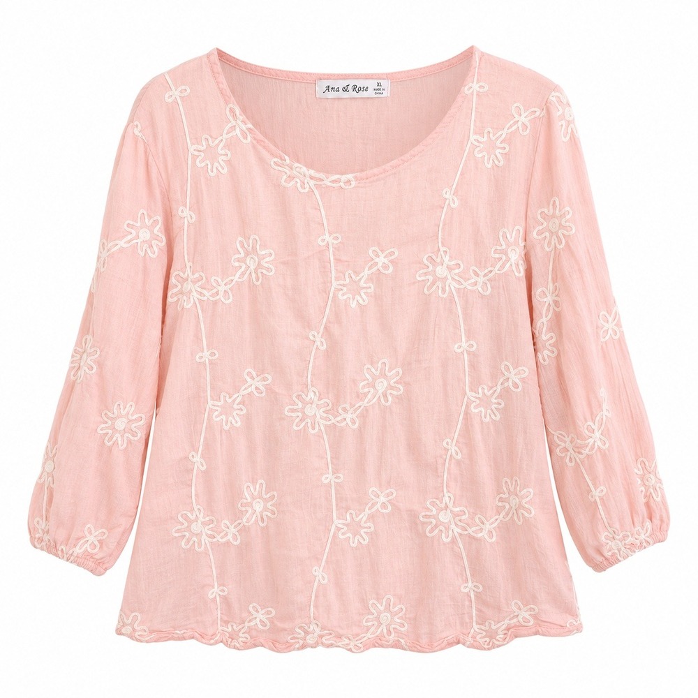 Ana & Rose Embroidered Blouse Womens XL Pink Excellent Cottagecore Floral Top